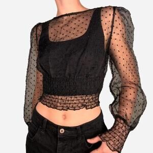 Black puff sleeve sheer shirred